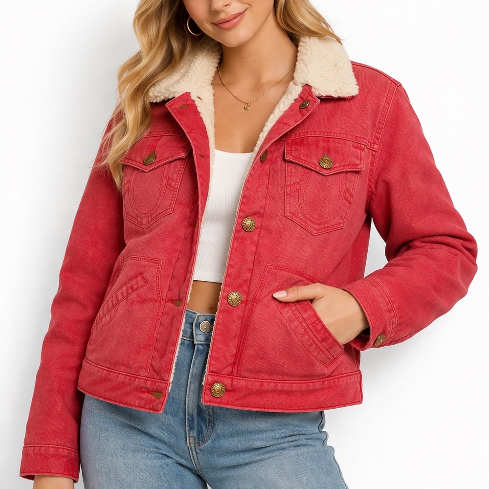 True Religion Red Sherpa-Lined Denim y2k Jacket Lorelei Gilmore Girls inspired